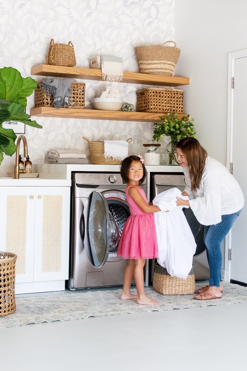 Anita Yokota method laundry room DIY wallpaper open shelving Samsung