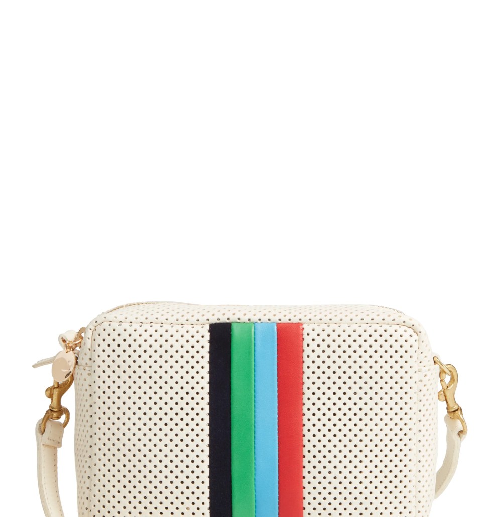 CLARE V. Midi Sac Perforated Leather Crossbody Bag, Main, color, CREAM PERFORATED/ STRIPES