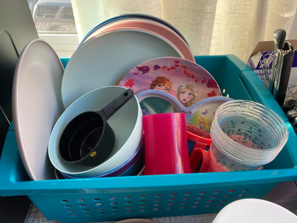 A bucket of old plastic ware to keep us functioning!