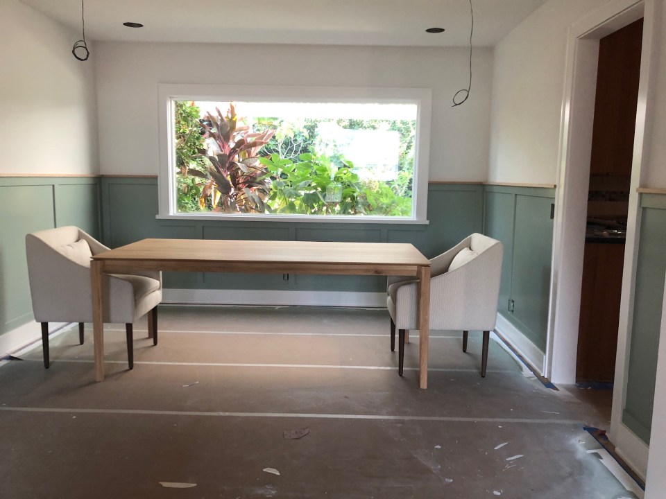 In-progress photo of the dining room's green wainscotting