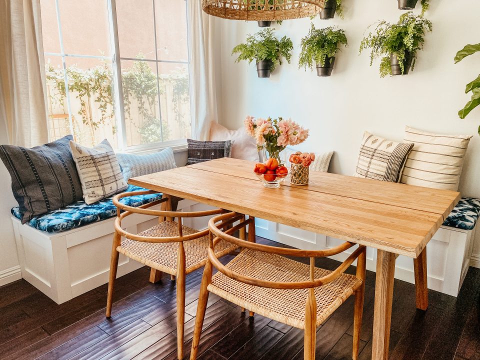 Our finished bench, complete with casual dining table