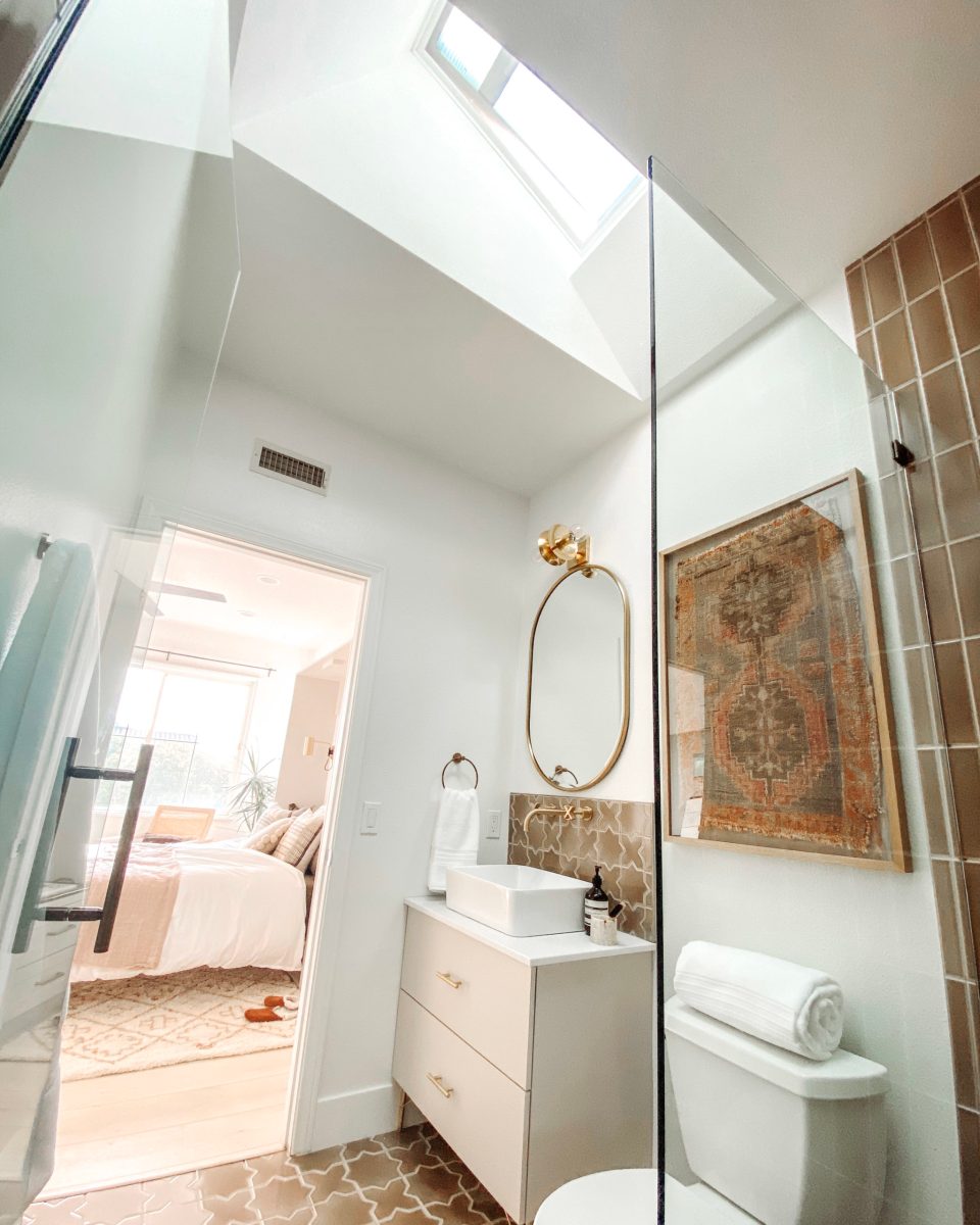 An upward view of the Desert Bathroom, highlighting the VELUX skylight