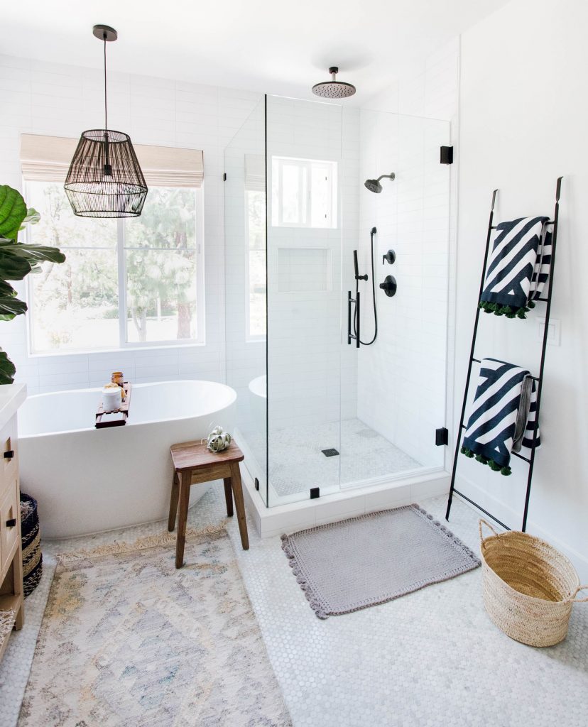 coastal boho bathroom runner black pendant ladder throw blankets glass shower