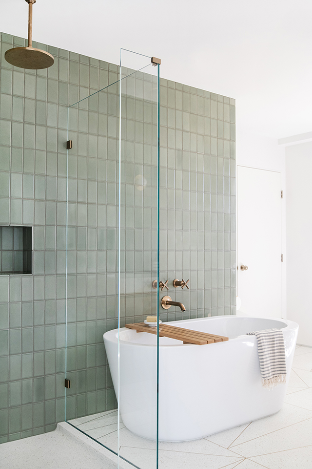 Mandy Moore's sage green bathroom tile around the tub